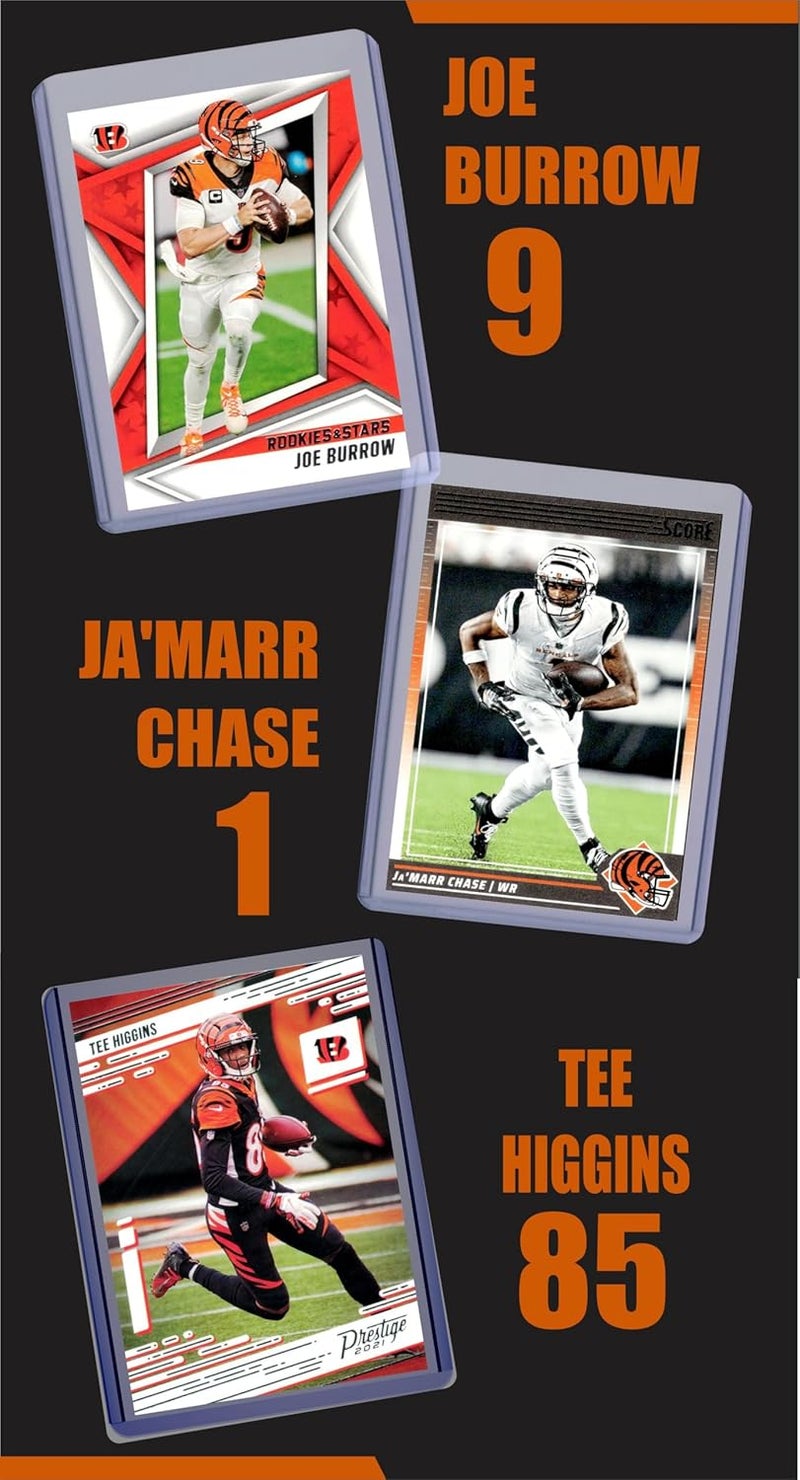 Chaser Cincinnati Bengals Cards: Joe Burrow, Ja'Marr Chase, Noah Fant, Tee Higgins, Chase Brown, Evan McPherson, Corey Dillon, A.J. Green, Chad Johnson ASSORTED Football Stars & GOATs Trading Card & Wristbands Gift Pack - Image 2